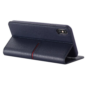 For iPhone XS Max GEBEI Top-grain Leather Horizontal Flip Protective Case with Holder & Card Slots & Wallet & Photo Frame(Blue)