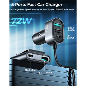 JOYROOM JR-CL05 72W 2 PD USB-C / Type-C + 3 QC 3.0 USB Fast Car Charger(Black)