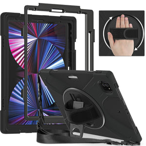 For iPad Pro 12.9 2022 / 2021 Silicone + PC Protective Tablet Case with Holder & Shoulder Strap(Black)