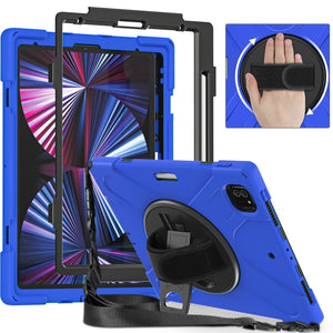 For iPad Pro 12.9 2022 / 2021 Silicone + PC Protective Tablet Case with Holder & Shoulder Strap(Blue)