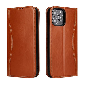 For iPhone 13 Genuine Leather Horizontal Flip Leather Case with Holder & Card Slots & Wallet(Brown)