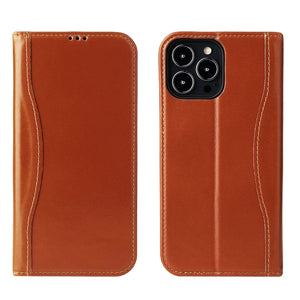 For iPhone 13 Pro Genuine Leather Horizontal Flip Leather Case with Holder & Card Slots & Wallet (Brown)