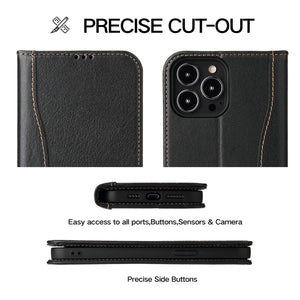 For iPhone 13 Pro Max Genuine Leather Horizontal Flip Leather Case with Holder & Card Slots & Wallet (Black)