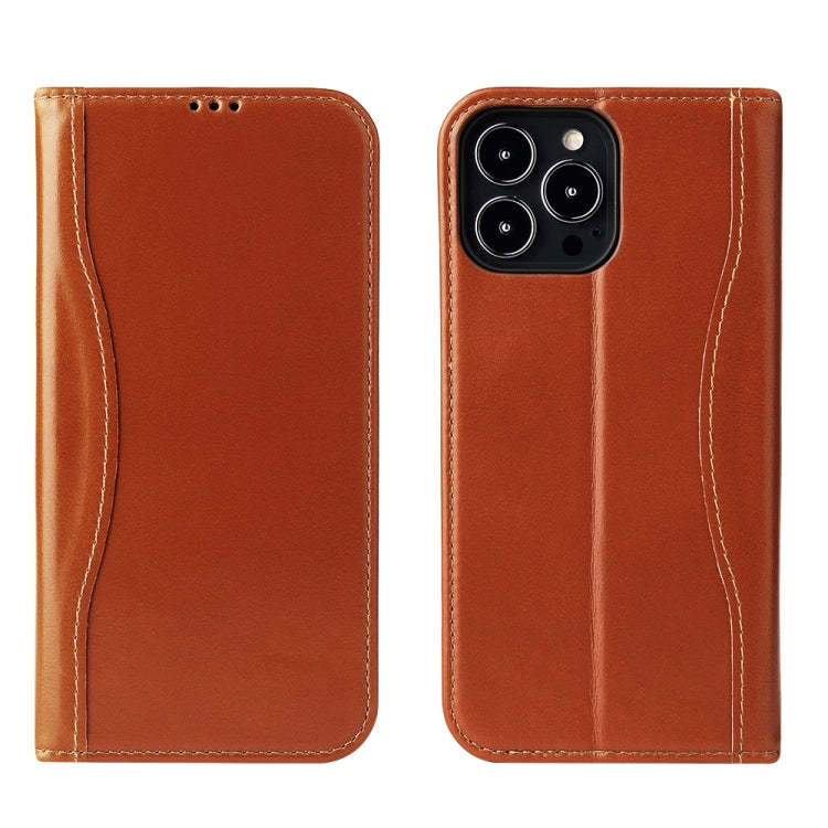 For iPhone 13 Pro Max Genuine Leather Horizontal Flip Leather Case with Holder & Card Slots & Wallet (Brown)