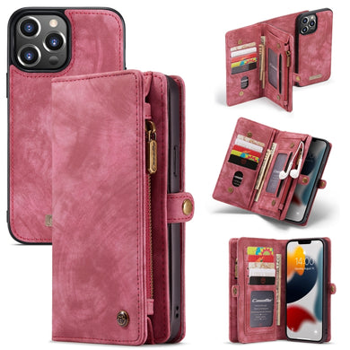 For iPhone 13 Pro CaseMe-008 Detachable Multifunctional Horizontal Flip Leather Case with Card Slot & Holder & Zipper Wallet & Photo Frame (Red)