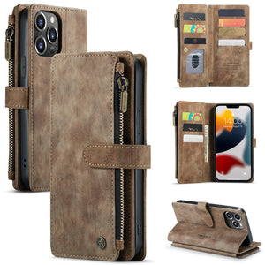 For iPhone 13 Pro Max CaseMe-C30 PU + TPU Multifunctional Horizontal Flip Leather Case with Holder & Card Slot & Wallet & Zipper Pocket (Brown)