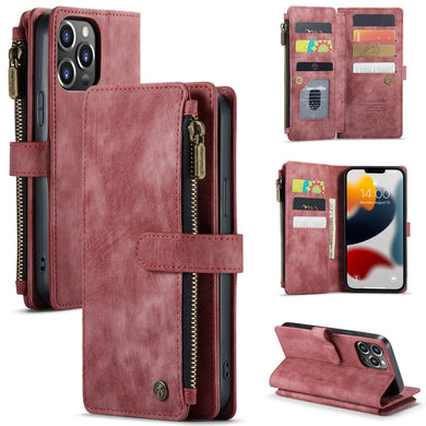 For iPhone 13 Pro Max CaseMe-C30 PU + TPU Multifunctional Horizontal Flip Leather Case with Holder & Card Slot & Wallet & Zipper Pocket (Red)