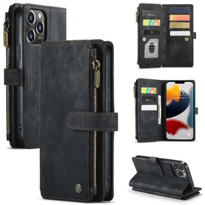 For iPhone 13 Pro CaseMe-C30 PU + TPU Multifunctional Horizontal Flip Leather Case with Holder & Card Slot & Wallet & Zipper Pocket (Black)