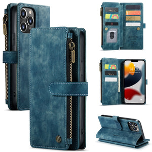 For iPhone 13 Pro CaseMe-C30 PU + TPU Multifunctional Horizontal Flip Leather Case with Holder & Card Slot & Wallet & Zipper Pocket (Blue)