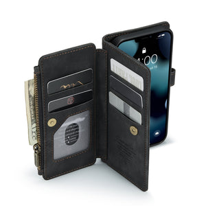 For iPhone 13 CaseMe-C30 PU + TPU Multifunctional Horizontal Flip Leather Case with Holder & Card Slot & Wallet & Zipper Pocket(Black)