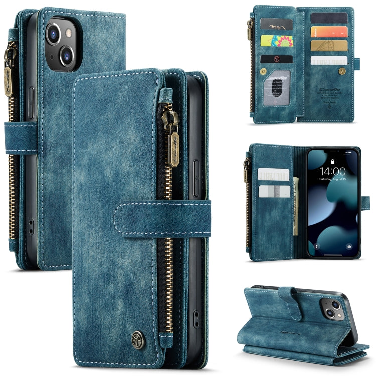 For iPhone 13 CaseMe-C30 PU + TPU Multifunctional Horizontal Flip Leather Case with Holder & Card Slot & Wallet & Zipper Pocket(Blue)