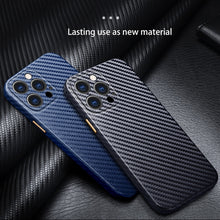 For iPhone 13 Pro R-JUST Carbon Fiber Leather Texture All-inclusive Shockproof Back Cover Case (Sapphire Blue)