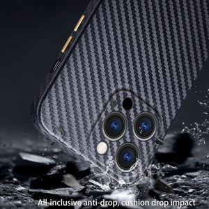 For iPhone 13 Pro R-JUST Carbon Fiber Leather Texture All-inclusive Shockproof Back Cover Case (Sapphire Blue)