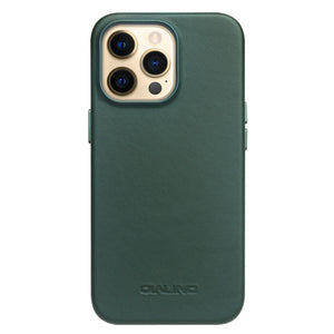 For iPhone 13 Pro Max QIALINO Nappa Cowhide MagSafe Magnetic Protective Case (Dark Green)