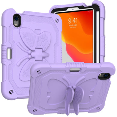 For iPad mini 6 Pure Color PC + Silicone Anti-drop Protective Tablet Case with Butterfly Shape Holder & Pen Slot(Light Purple)