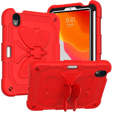 For iPad mini 6 Pure Color PC + Silicone Anti-drop Protective Tablet Case with Butterfly Shape Holder & Pen Slot(Red)