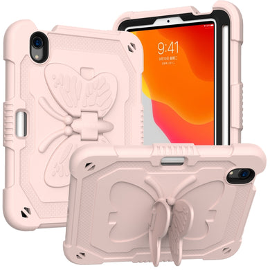 For iPad mini 6 Pure Color PC + Silicone Anti-drop Protective Tablet Case with Butterfly Shape Holder & Pen Slot(Rose Pink)