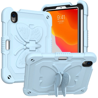 For iPad mini 6 Pure Color PC + Silicone Anti-drop Protective Tablet Case with Butterfly Shape Holder & Pen Slot(Ice Crystal Blue)