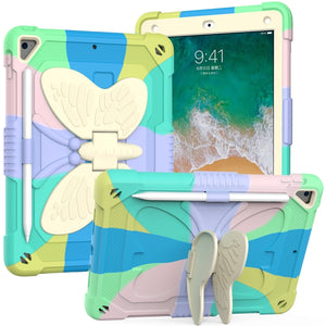 Beige PC + Silicone Anti-drop Protective Case with Butterfly Shape Holder & Pen Slot For iPad 9.7 2018 & 2017 / Pro 9.7 inch / Air 2 / 6(Colorful Green)