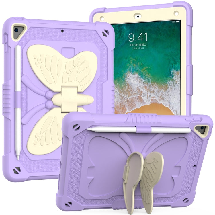 Beige PC + Silicone Anti-drop Protective Case with Butterfly Shape Holder & Pen Slot For iPad 9.7 2018 & 2017 / Pro 9.7 inch / Air 2 / 6(Beige + Light Purple)