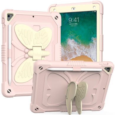 Beige PC + Silicone Anti-drop Protective Case with Butterfly Shape Holder & Pen Slot For iPad 9.7 2018 & 2017 / Pro 9.7 inch / Air 2 / 6(Beige + Rose Pink)