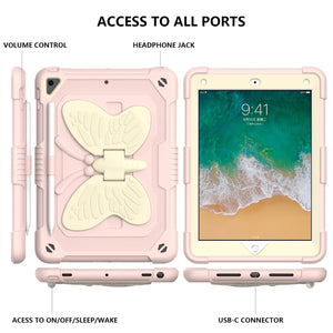 Beige PC + Silicone Anti-drop Protective Case with Butterfly Shape Holder & Pen Slot For iPad 9.7 2018 & 2017 / Pro 9.7 inch / Air 2 / 6(Beige + Rose Pink)