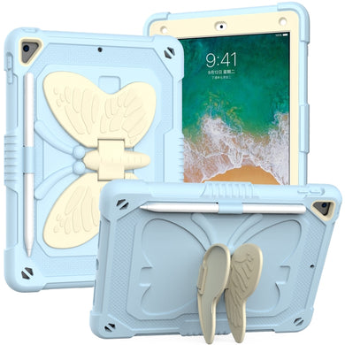 Beige PC + Silicone Anti-drop Protective Case with Butterfly Shape Holder & Pen Slot For iPad 9.7 2018 & 2017 / Pro 9.7 inch / Air 2 / 6(Beige + Ice Crystal Blue)