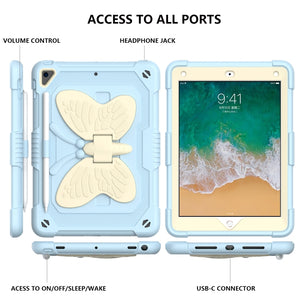 Beige PC + Silicone Anti-drop Protective Case with Butterfly Shape Holder & Pen Slot For iPad 9.7 2018 & 2017 / Pro 9.7 inch / Air 2 / 6(Beige + Ice Crystal Blue)