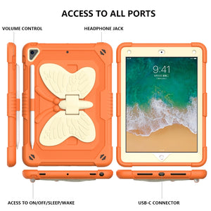 Beige PC + Silicone Anti-drop Protective Case with Butterfly Shape Holder & Pen Slot For iPad 9.7 2018 & 2017 / Pro 9.7 inch / Air 2 / 6(Beige + Kumquat)