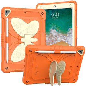 Beige PC + Silicone Anti-drop Protective Case with Butterfly Shape Holder & Pen Slot For iPad 9.7 2018 & 2017 / Pro 9.7 inch / Air 2 / 6(Beige + Kumquat)