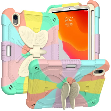 For iPad mini 6 Beige PC + Silicone Anti-drop Protective Tablet Case with Butterfly Shape Holder & Pen Slot(Colorful Rose Gold)