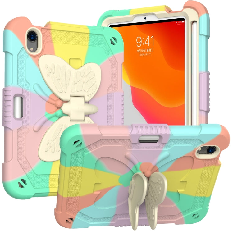 For iPad mini 6 Beige PC + Silicone Anti-drop Protective Tablet Case with Butterfly Shape Holder & Pen Slot(Colorful Rose Gold)