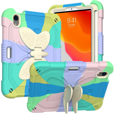 For iPad mini 6 Beige PC + Silicone Anti-drop Protective Tablet Case with Butterfly Shape Holder & Pen Slot(Colorful Green)