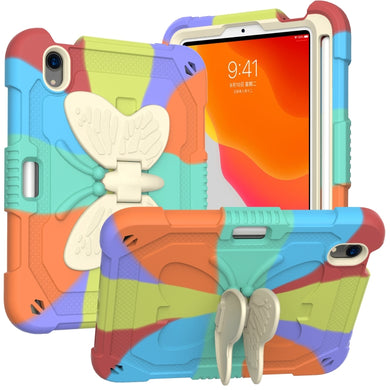 For iPad mini 6 Beige PC + Silicone Anti-drop Protective Tablet Case with Butterfly Shape Holder & Pen Slot(Colorful Red)