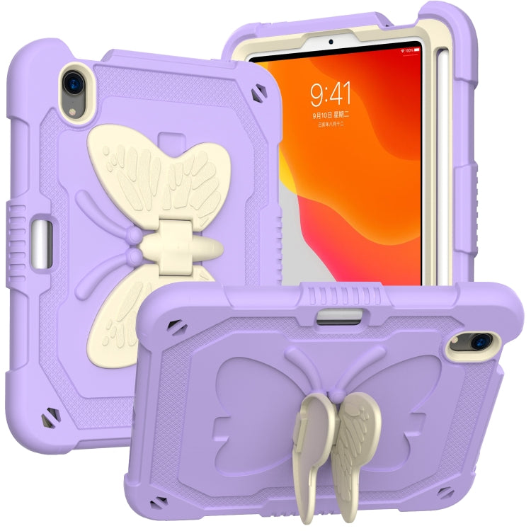 For iPad mini 6 Beige PC + Silicone Anti-drop Protective Tablet Case with Butterfly Shape Holder & Pen Slot(Beige + Light Purple)