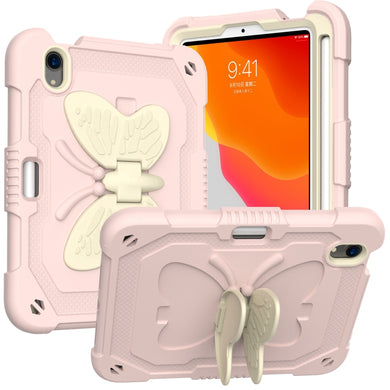 For iPad mini 6 Beige PC + Silicone Anti-drop Protective Tablet Case with Butterfly Shape Holder & Pen Slot(Beige + Rose Pink)