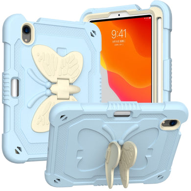 For iPad mini 6 Beige PC + Silicone Anti-drop Protective Tablet Case with Butterfly Shape Holder & Pen Slot(Beige + Ice Crystal Blue)