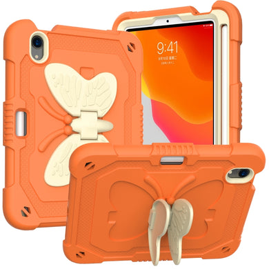 For iPad mini 6 Beige PC + Silicone Anti-drop Protective Tablet Case with Butterfly Shape Holder & Pen Slot(Beige + Kumquat)