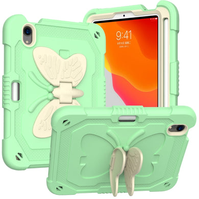 For iPad mini 6 Beige PC + Silicone Anti-drop Protective Tablet Case with Butterfly Shape Holder & Pen Slot(Beige + Fresh Green)