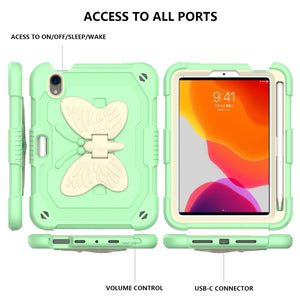For iPad mini 6 Beige PC + Silicone Anti-drop Protective Tablet Case with Butterfly Shape Holder & Pen Slot(Beige + Fresh Green)