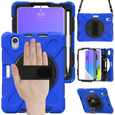 For iPad mini 6 Silicone + PC Protective Tablet Case with Holder & Shoulder Strap(Blue)