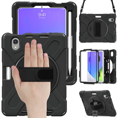For iPad mini 6 Silicone + PC Protective Tablet Case with Holder & Shoulder Strap(Black)