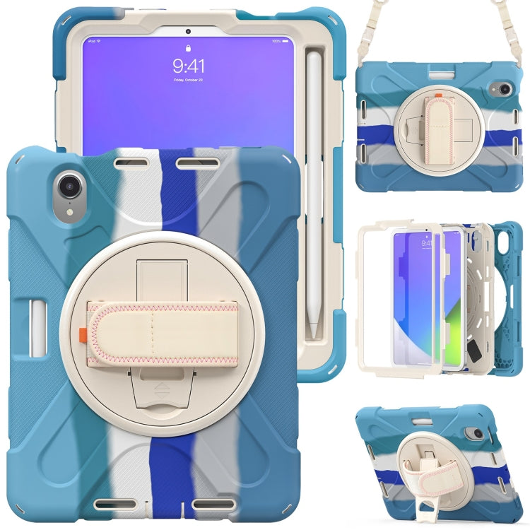 For iPad mini 6 Silicone + PC Protective Tablet Case with Holder & Shoulder Strap(Colorful Blue)