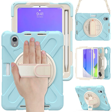 For iPad mini 6 Silicone + PC Protective Tablet Case with Holder & Shoulder Strap(Ice Crystal Blue)