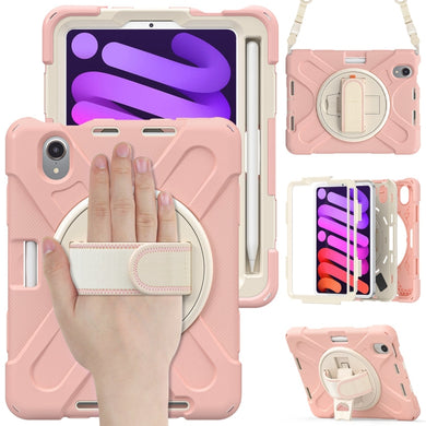 For iPad mini 6 Silicone + PC Protective Tablet Case with Holder & Shoulder Strap (Rose Gold)