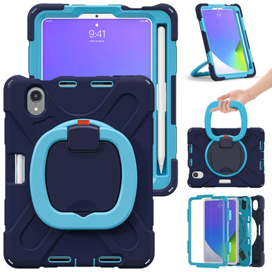 For iPad mini 6 Silicone + PC Protective Tablet Case with Holder & Shoulder Strap(Navy Blue + Blue)