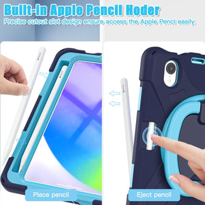 For iPad mini 6 Silicone + PC Protective Tablet Case with Holder & Shoulder Strap(Navy Blue + Blue)