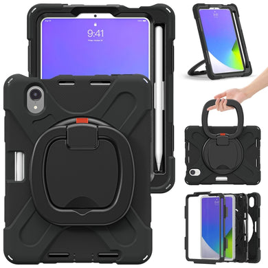 For iPad mini 6 Silicone + PC Protective Tablet Case with Holder & Shoulder Strap(Black+Black)