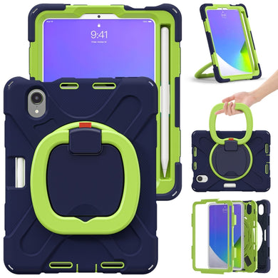 For iPad mini 6 Silicone + PC Protective Tablet Case with Holder & Shoulder Strap(Navy Blue + Lime)