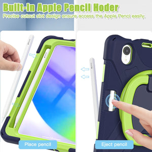 For iPad mini 6 Silicone + PC Protective Tablet Case with Holder & Shoulder Strap(Navy Blue + Lime)